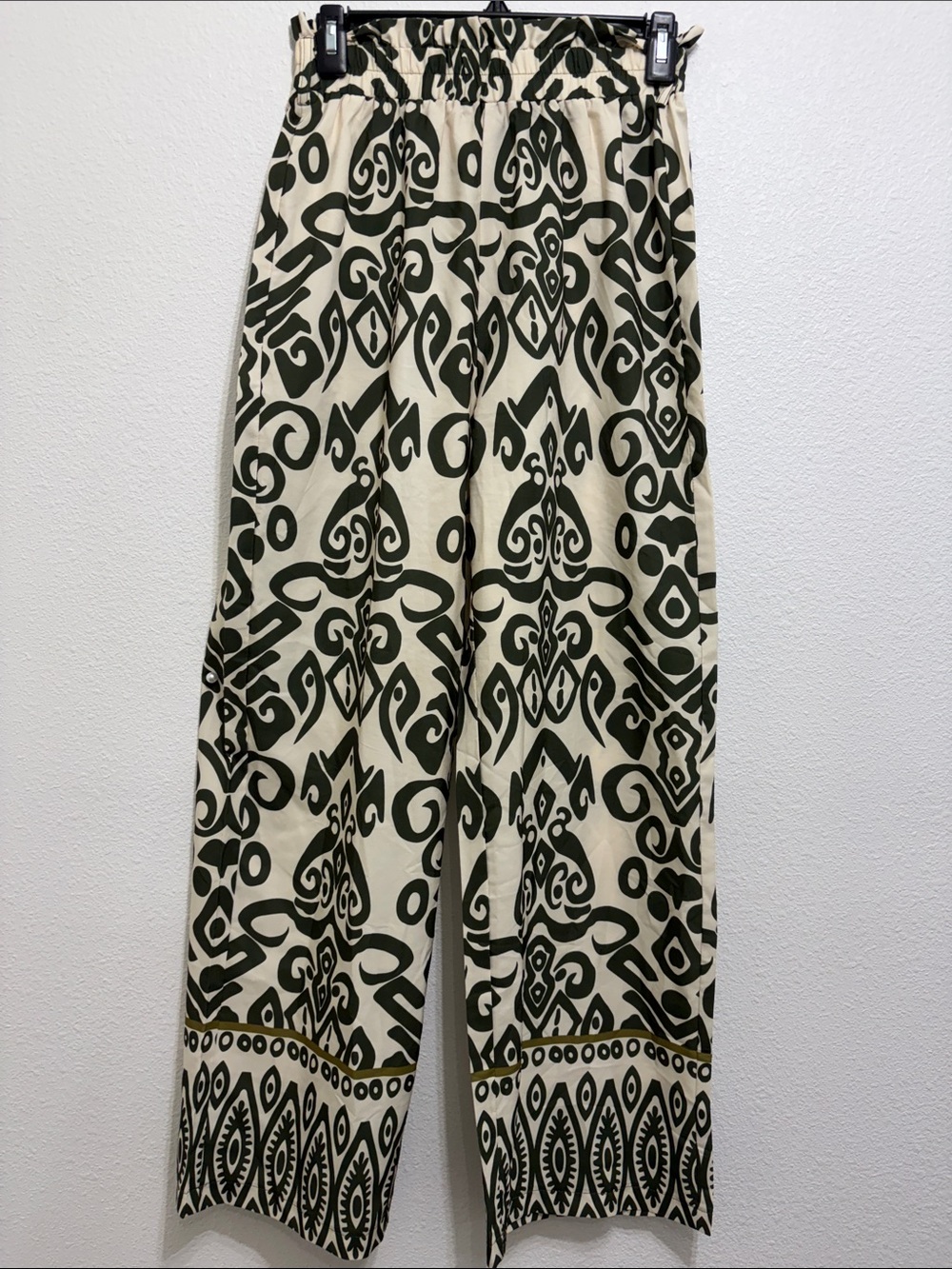 SHEIN Cream & Olive Patterned Wide-Leg Pants